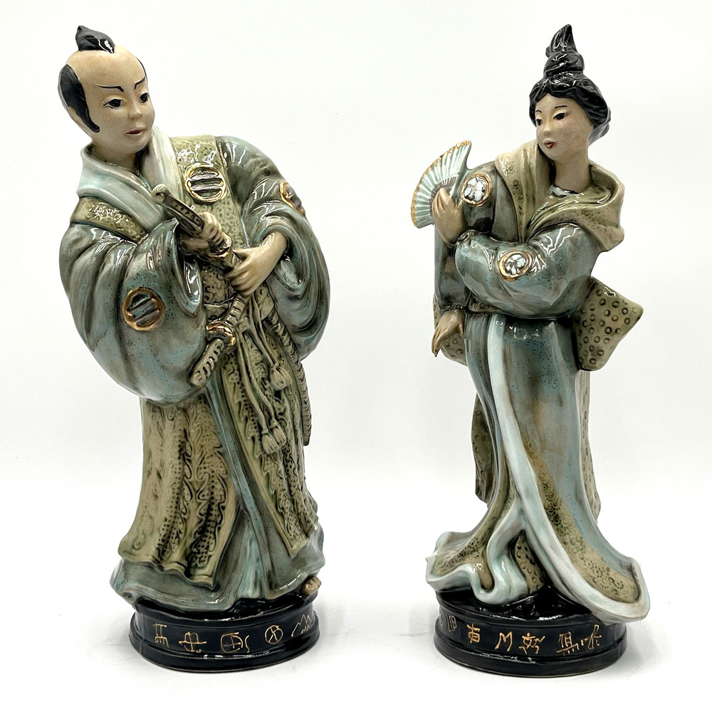 Vintage Asian Ceramic Geisha & Samurai Figurine Set Hand Painted Japan Style 13”